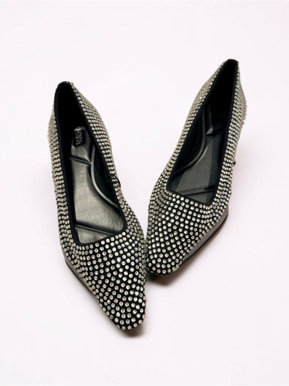 Zara Black Crystal-Studded Pointed Flats-(38)(71/2)